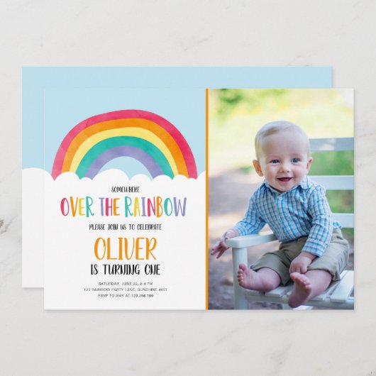 Über dem Regenbogen Blauer Geburtstag Einladung (Vorne/Hinten)