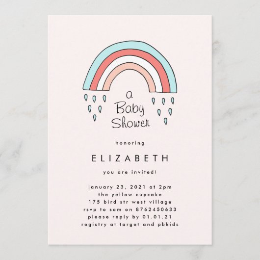 Über dem Regenbogen-Girl Blush Pink Babydusche Einladung (Vorderseite)