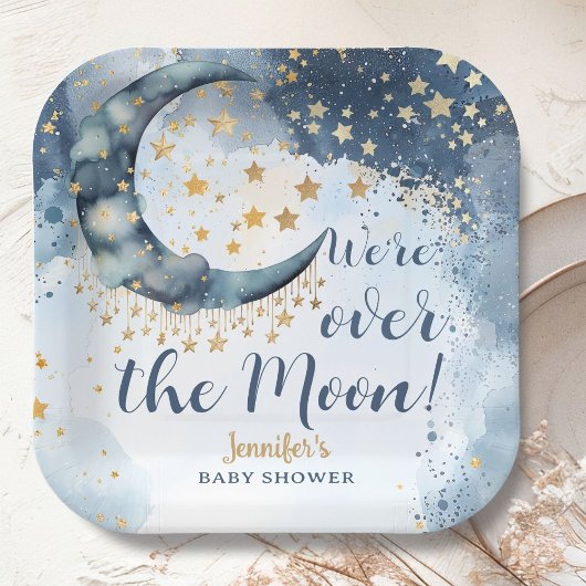 Über den Mond Baby Shower Junge Blau Papier Teller