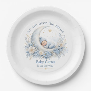 Über den Mond blaue Babyparty mit individuellem Na Pappteller