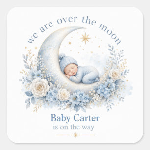Über den Mond Blaue Babyparty mit individuellem Na Quadratischer Aufkleber