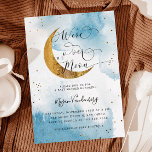 Über den Mond Dreamy Gold Boy Baby Shower Invitati Einladung<br><div class="desc">Dreamy Junge's Baby Dusche Einladung Karte mit Aquarellkunst des blauen Himmels mit Imitaten goldenen Mond und Sternen. Im Text steht: "Wir sind über dem Mond."</div>