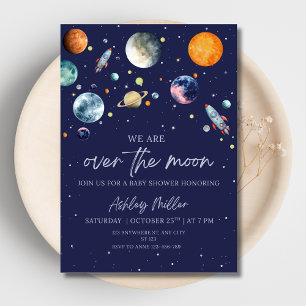 Über den Mond Jungen Baby Shower Weltraumgalaxie Folieneinladung