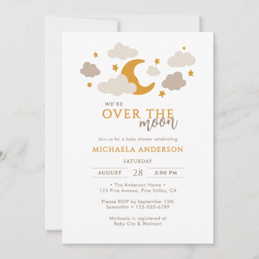 Über den Mond moderne geschlechtsneutrale Babydusc Einladung (Vorderseite)