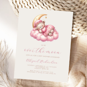 Über den Mond Teddybär Rosa Baby-Party-Einladung Postkarte