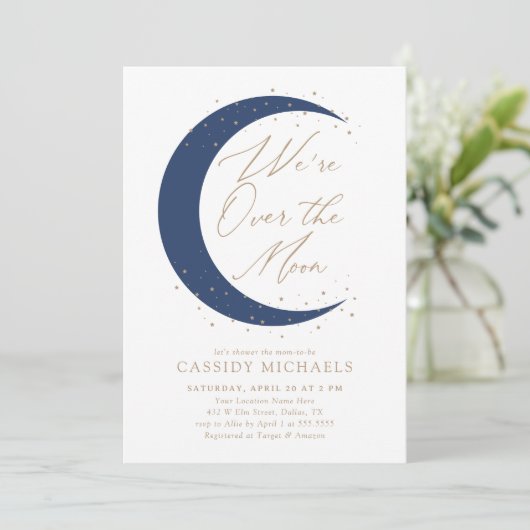 Über der Blauen Babydusche der Mond Navy Einladung (Stehend Vorderseite)