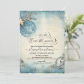 Über der Blue Baby Boy Dusche der Mond Navy Einladung (Stehend Vorderseite)