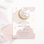 Über der goldfarbenen Rosa Babydusche Einladung<br><div class="desc">Baby Shower Einladung mit Aquarelltönchen und goldenen Sternen mit glitzerndem Mond und lustigem Drehbuch "Wir sind über den Mond!" Personalisieren Sie Ihre Daten oder klicken Sie auf "Weitere Anpassung",  um den Schriftart Typ,  Größe,  Farbe anzupassen.</div>