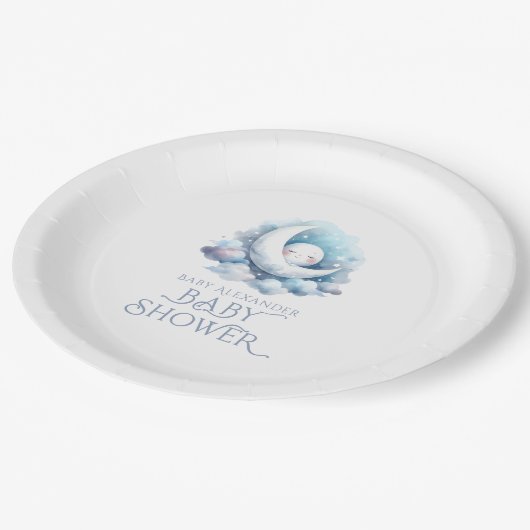 Über der Mond Babydusche Pappteller (Schrägansicht)