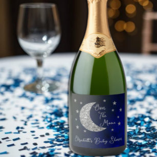 Über der Mond Babydusche Schaumweinetikett