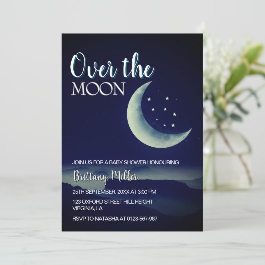 Über der Mond Crescent Stars Babydusche Einladung (Stehend Vorderseite)
