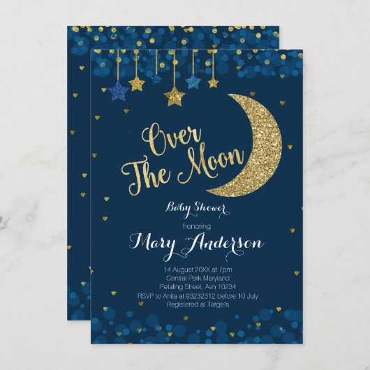 Über der Mond Navy Babydusche Einladung (Vorne/Hinten)