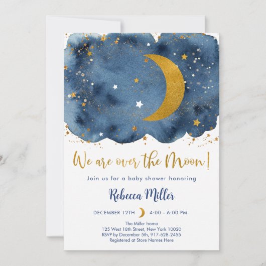 Über der Mond Navy Gold Galaxy Baby Dusche Einladung (Vorderseite)