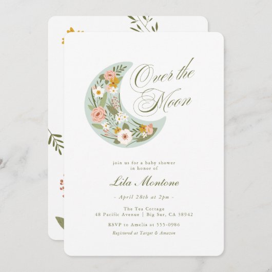 Über der Mond Wildblume Babydusche Einladung (Vorne/Hinten)