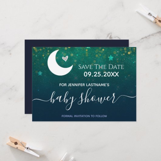 Über der Moon Babydusche Save the Date Einladung (Vorderseite/Rückseite Beispiel)