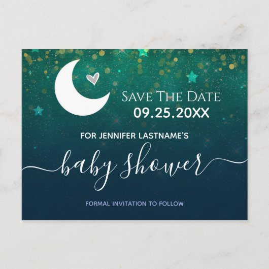 Über der Moon Babydusche Save the Date Postkarte (Vorderseite)