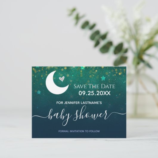 Über der Moon Babydusche Save the Date Postkarte (Stehend Vorderseite)