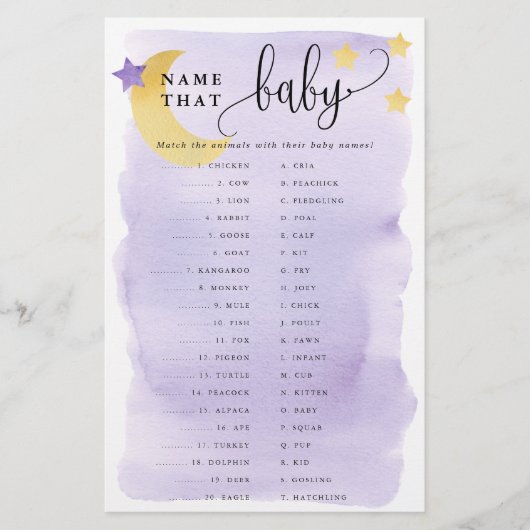 Über Moon Animal Matching Paper Game Card Lila Flyer (Vorne)