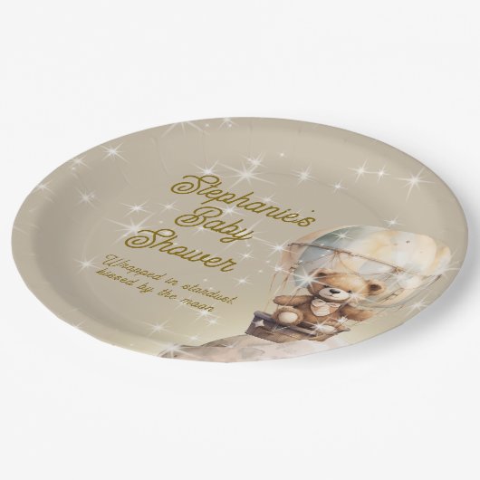 Über Moon Teddy Bear Gender Neutral Baby Dusche Pappteller (Schrägansicht)