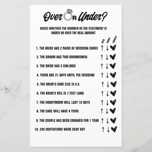 Über oder unter Hochzeitsspiel, Brautparty-Aktivit (Vorderseite)