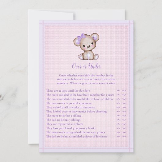 Über oder unter Niedlicher Lila Girl-Bär-Karte Einladung (Vorderseite)