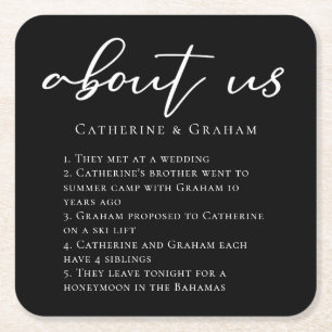 Über uns Couple Fakten Trendy Modern Black Wedding Rechteckiger Pappuntersetzer