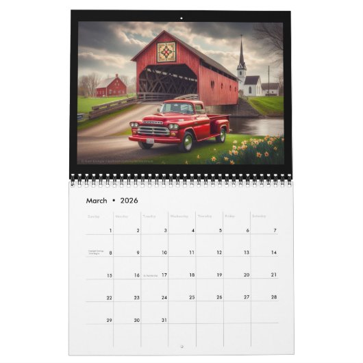 Überdachte Brücken, Kirchen und kleine rote LKW Kalender (Mär 2026)