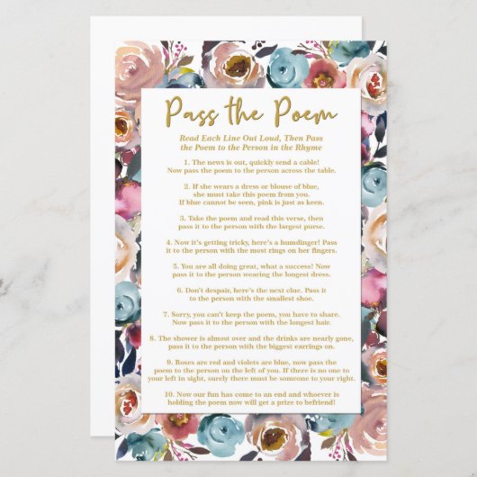 Übergeben Sie das Gedicht Duwer Game, Brautparty G (Vorne/Hinten)