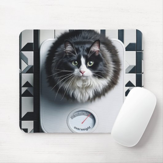 Übergewichtige Tuxedo Katze auf einer Skala Mousepad (Mit Mouse)