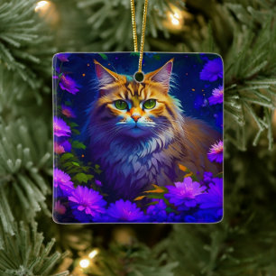 Überirdische Katze in lila Blumen Weihnachten Keramikornament