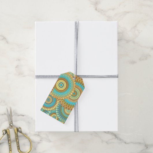 Überlappende Mandala Blau Braun Gold Geschenkanhänger (Mit Garn)
