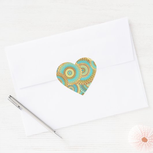 Überlappende Mandala Blau Braun Gold Herz-Aufkleber (Umschlag)