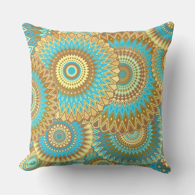 Überlappende Mandala Blau Braun Gold Kissen (Vorderseite)