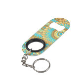 Überlappende Mandala Blau Braun Gold Mini Flaschenöffner (Rückseite Schrägansicht)