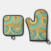 Überlappende Mandala Blau Braun Gold Ofenhandschuh & Topflappen-Set (Vorderseite)