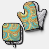 Überlappende Mandala Blau Braun Gold Ofenhandschuh & Topflappen-Set (Vorderseite/Rückseite)