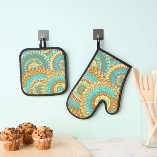 Überlappende Mandala Blau Braun Gold Ofenhandschuh & Topflappen-Set (Insitu (Hängend))