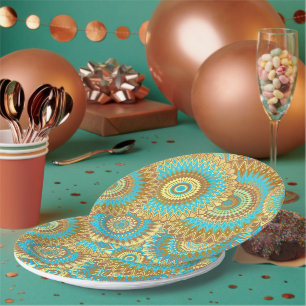 Überlappende Mandala Blau Braun Gold Pappteller