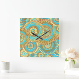 Überlappende Mandala Blau Braun Gold Quadratische Wanduhr