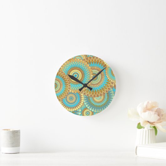 Überlappende Mandala Blau Braun Gold Runde Wanduhr (Zuhause)
