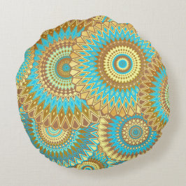Überlappende Mandala Blau Braun Gold Rundes Kissen
