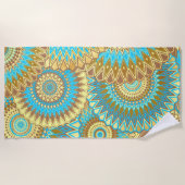 Überlappende Mandala Blau Braun Gold Strandtuch (Vorderseite)