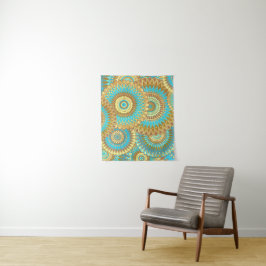 Überlappende Mandala Blau Braun Gold Wandteppich