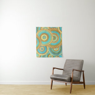Überlappende Mandala Blau Braun Gold Wandteppich