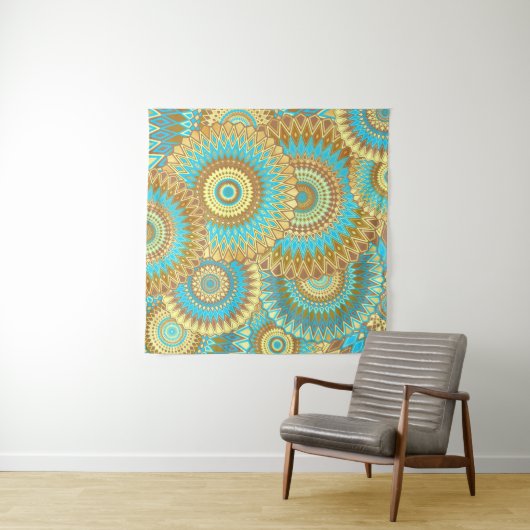 Überlappende Mandala Blau Braun Gold Wandteppich (Beispiel)