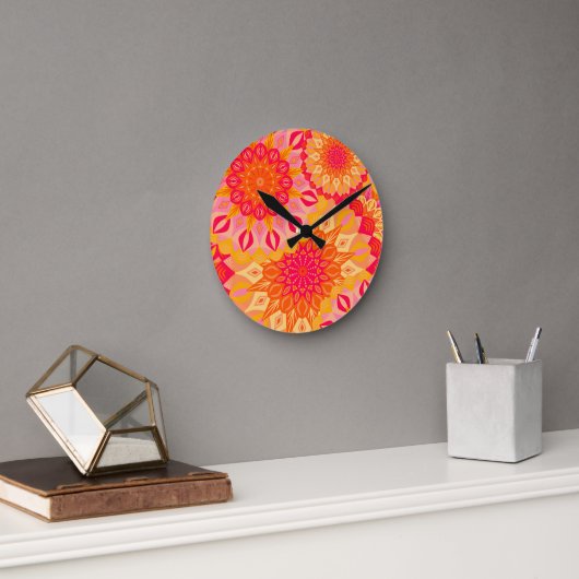 Überlappende Mandala Orange Pink Gelb Runde Wanduhr (Büro)
