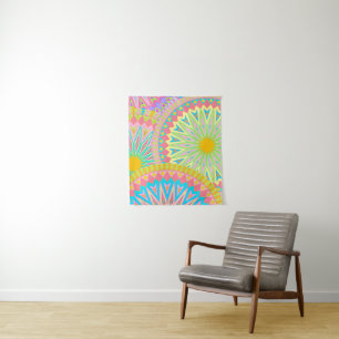 Überlappende Mandala Pink Blau Gelb Mint Lila Wandteppich