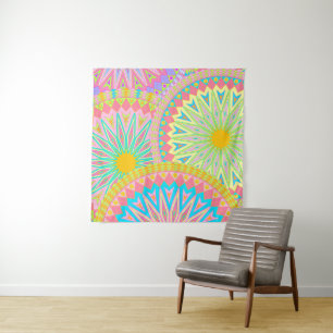 Überlappende Mandala Pink Blau Gelb Mint Lila Wandteppich