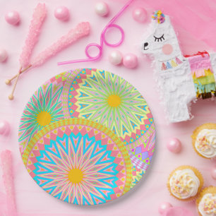 Überlappende Mandala Pink Blau Gelb Mint Violett Pappteller