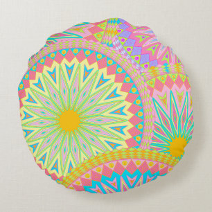 Überlappende Mandala Pink Blau Gelb Mint Violett Rundes Kissen